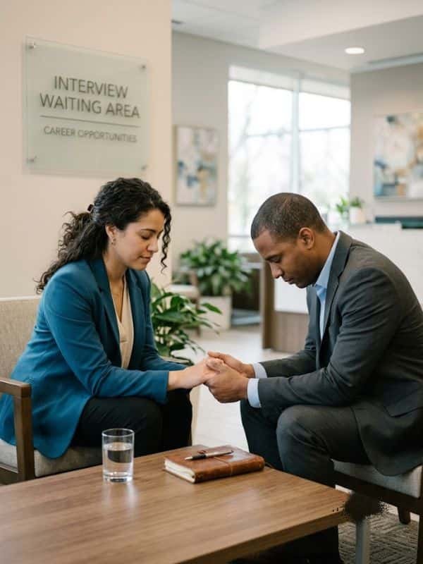 A man and a woman in formal business attire sit together in a waiting room, holding hands with head bowed in prayer before a job interview.