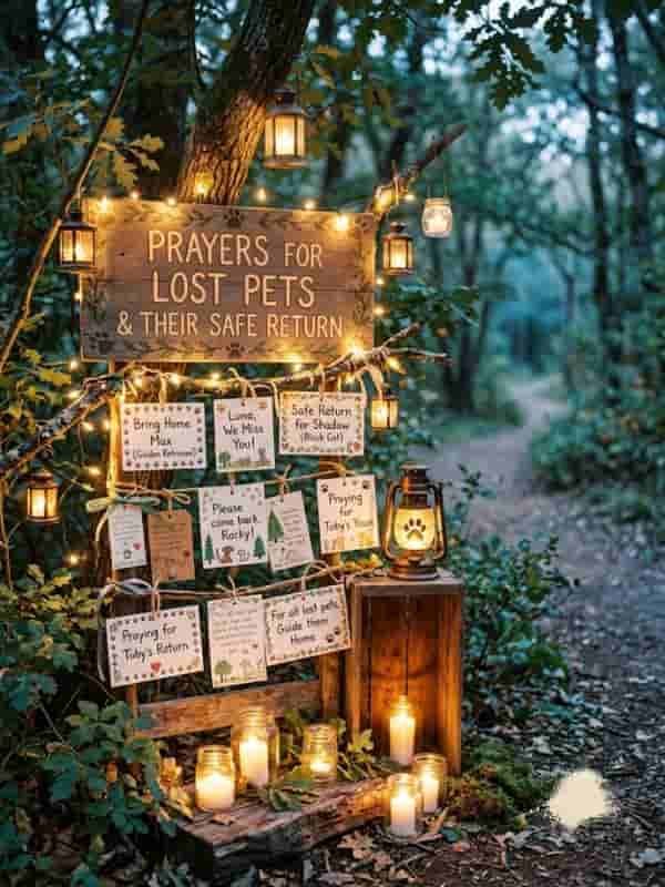 A wooden sign with the text "Prayers for Lost Pets & Their Safe Return" attached to a tree branch, decorated with hanging lanterns, fairy lights, and note cards with message prompts.