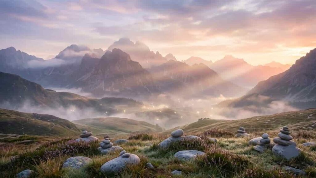 A peaceful landscape of rolling misty mountains at sunrise, with warm golden light rays beaming through clouds and small stacked stone cairns resting in the foreground grass.