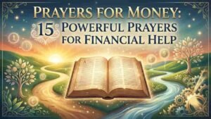 An open sacred book lying on a scenic landscape with rolling hills, a winding path, glowing coins, and financial trees, featuring the text "PRAYERS FOR MONEY: 15 POWERFUL PRAYERS FOR FINANCIAL HELP" in elegant typography.
