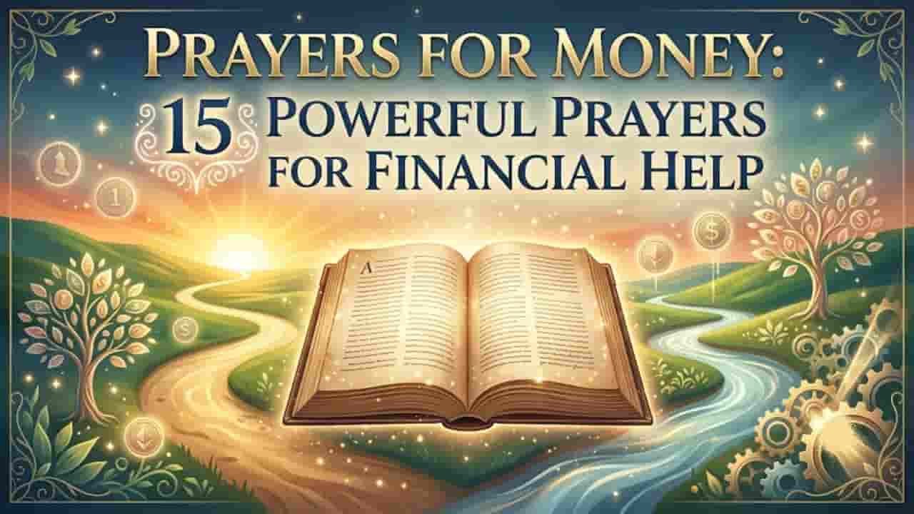 An open sacred book lying on a scenic landscape with rolling hills, a winding path, glowing coins, and financial trees, featuring the text "PRAYERS FOR MONEY: 15 POWERFUL PRAYERS FOR FINANCIAL HELP" in elegant typography.