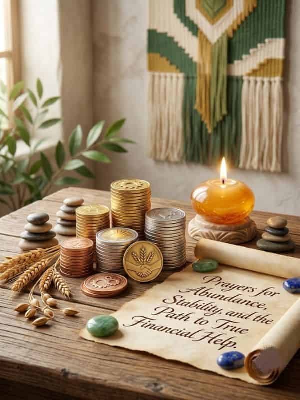 A scroll reading "Prayers for Abundance, Stability, and the Path to True Financial Help" sits on a wooden table alongside stacks of coins, wheat stalks, a burning candle, and decorative stones.