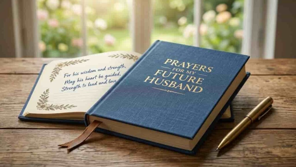 Prayers for My Future Husband title journal book with open page and pen on a wooden table