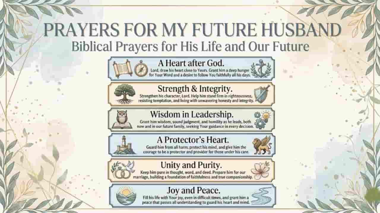 Infographic titled "Prayers for My Future Husband" featuring six biblical prayer points with decorative icons and floral borders.