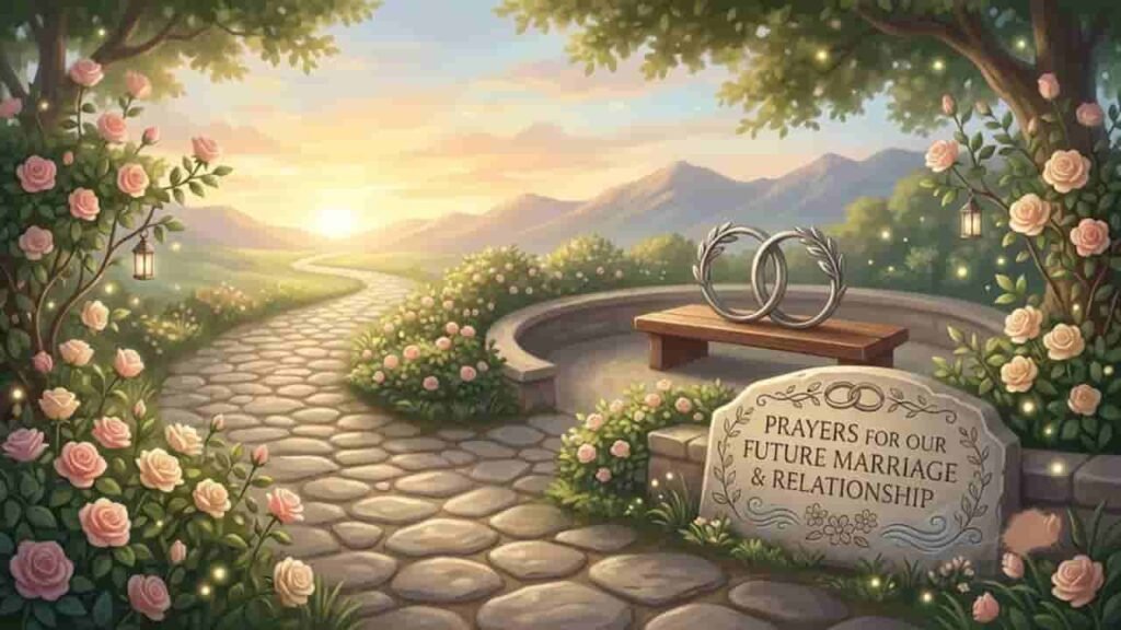A serene garden landscape featuring a winding stone pathway lined with blooming pink roses, leading toward a soft sunset over distant mountains. A carved stone plaque displays the title "Prayers for Our Future Marriage & Relationship," flanked by elegant interlocking metal rings resting on a wooden bench under lush tree branches.