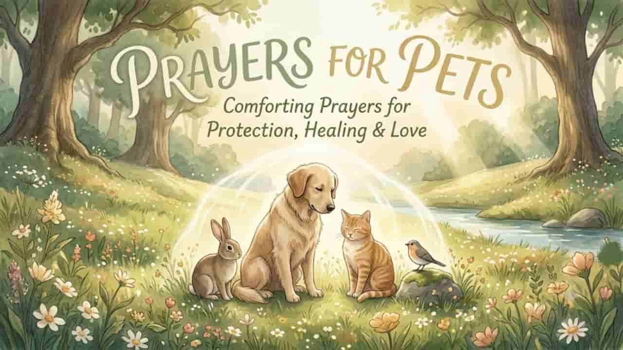 A watercolor illustration featuring a dog, cat, rabbit, and bird sitting together under a gentle glowing light in a grassy field surrounded by trees, with the text "Prayers for Pets: Comforting Prayers for Protection, Healing & Love" written above them.