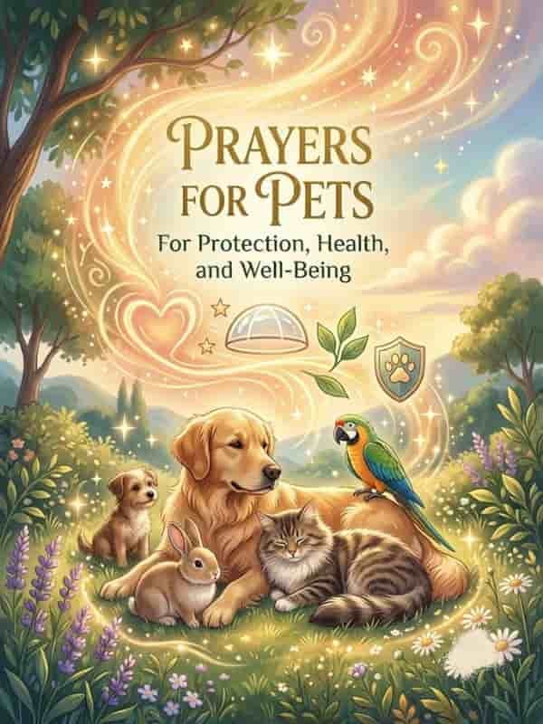 An illustration featuring a group of peaceful pets—a Golden Retriever, a tabby cat, a small puppy, a rabbit, and a colorful parrot—resting together in a lush meadow surrounded by flowers and soft glowing light, with the text "Prayers for Pets For Protection, Health, and Well-Being" written above them.