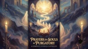An illustrated Catholic book cover titled "Prayers for Souls in Purgatory: A Complete Guide for Catholics". The artwork features lit candles, an open prayer book, and a luminous pathway leading upward toward heavenly light.