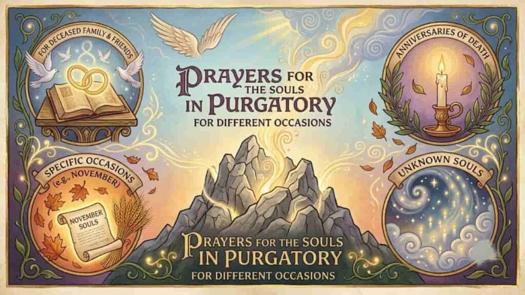 An infographic illustration in a 16:9 aspect ratio displaying prayers for souls in purgatory across different occasions. The artwork features decorative circular emblems for family and friends, anniversaries of death, November remembrance, and unknown souls, set above a central mountain illuminated by warm golden light.