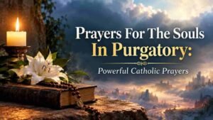 Prayers for the souls in purgatory with a candle, rosary, lilies, and Catholic prayer book in a peaceful heavenly setting.