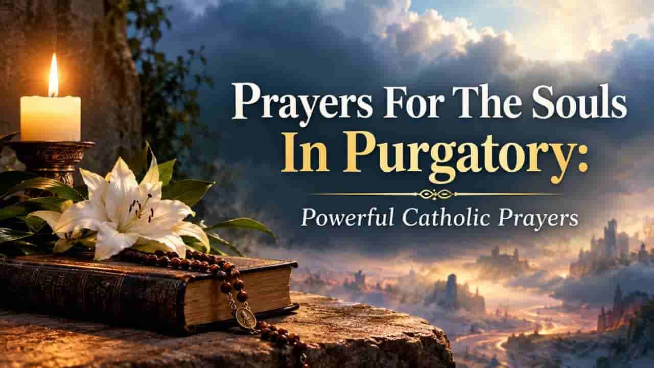 Prayers for the souls in purgatory with a candle, rosary, lilies, and Catholic prayer book in a peaceful heavenly setting.