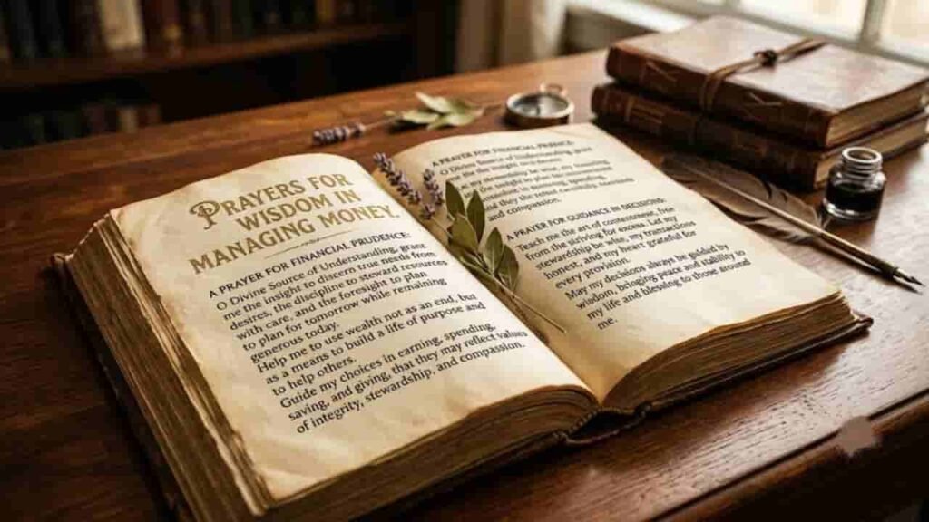 An open vintage book resting on a wooden desk displaying printed prayers titled "Prayers for Wisdom in Managing Money," surrounded by leather-bound books, dried lavender, and an inkwell.