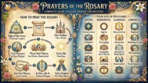Visual guide to the Prayers of the Rosary featuring step-by-step instructions on the left and the four sets of Mysteries (Joyful, Sorrowful, Glorious, Luminous) categorized on the right "Prayers of the Rosary".