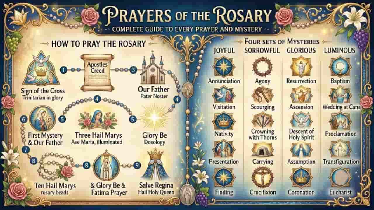Visual guide to the Prayers of the Rosary featuring step-by-step instructions on the left and the four sets of Mysteries (Joyful, Sorrowful, Glorious, Luminous) categorized on the right "Prayers of the Rosary".
