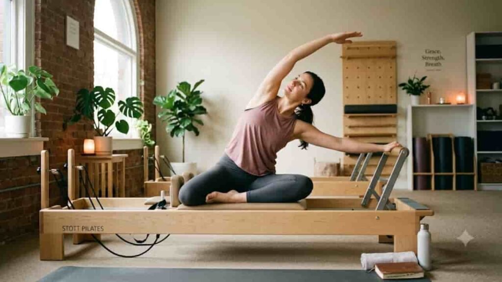 A woman doing a mermaid side stretch on a wooden Pilates reformer inside a sunlit studio with brick walls, potted plants, and workout equipment.