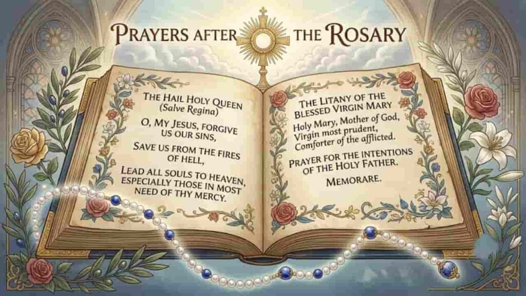 An open, illustrated prayer book titled "Prayers After the Rosary" detailing traditional Catholic prayers, surrounded by white lilies, roses, and a pearl rosary set against stained glass background arches.