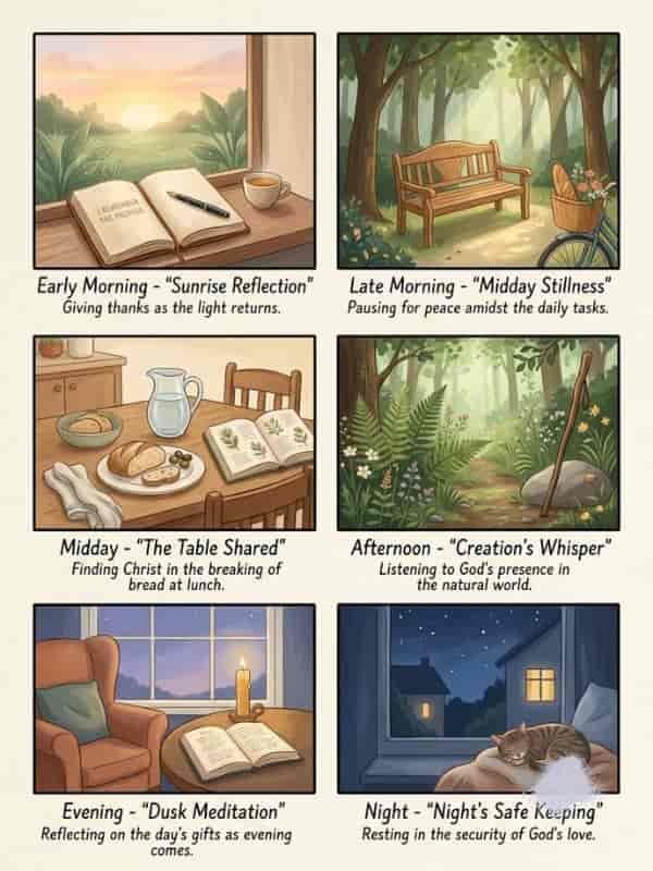 Six-panel illustrated guide titled "Praying After Communion Throughout the Day" showing quiet, serene settings without human figures or crosses.