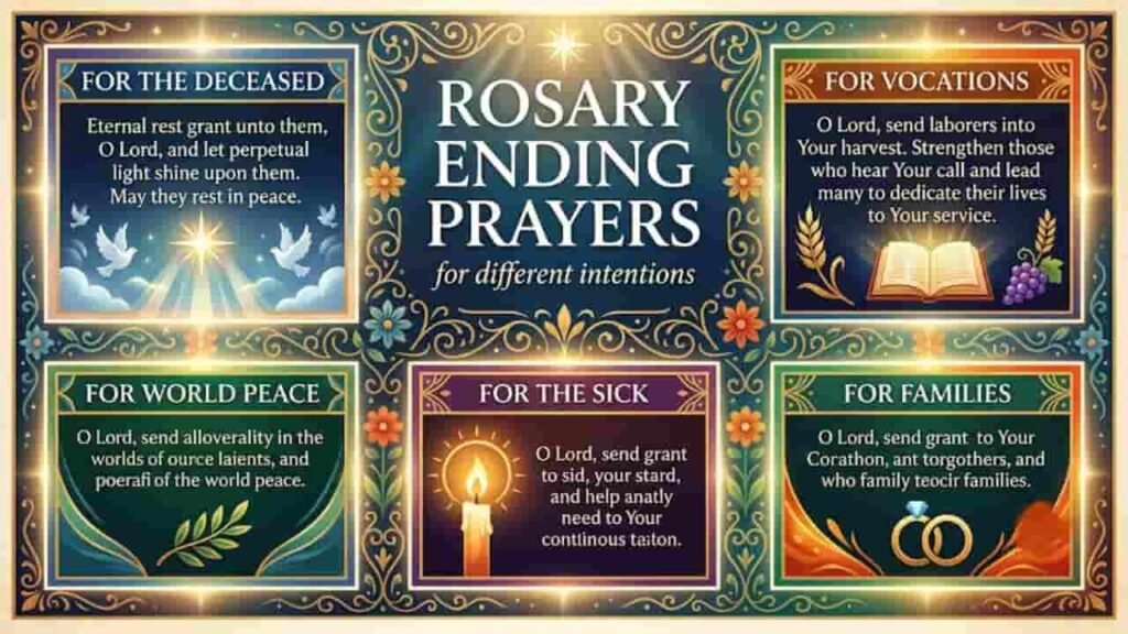 An infographic displaying Rosary ending prayers for different intentions—including for the deceased, vocations, world peace, the sick, and families—set against an ornate, decorative border with symbolic icons like doves, wheat, a candle, and rings.
