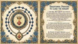 An illustrated prayer sheet titled "Traditional Prayers to Close the Rosary" featuring ornate blue rose borders and traditional Catholic prayers, with an emblem of the Immaculate Heart of Mary surrounded by rosary beads "Rosary Ending Prayers".