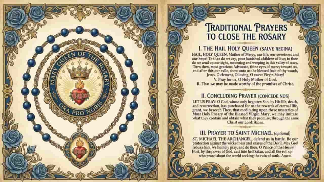An illustrated prayer sheet titled "Traditional Prayers to Close the Rosary" featuring ornate blue rose borders and traditional Catholic prayers, with an emblem of the Immaculate Heart of Mary surrounded by rosary beads "Rosary Ending Prayers".