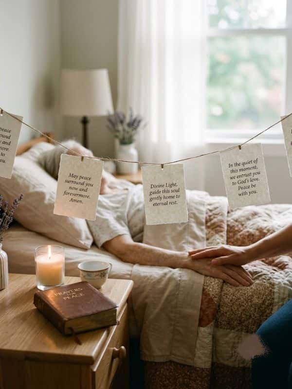 An open prayer book and a lit candle sit on a bedside table beside a bed where cards with comforting end-of-life prayers hang on a line.