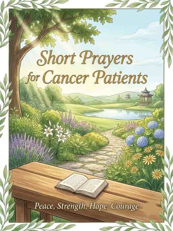 A hand-drawn illustration showing a tranquil garden with a pond, flowers, and trees [1]. An open book rests on a wooden bench in the foreground [1]. The text "Short Prayers for Cancer Patients" appears above the garden scene, and "Peace, Strength, Hope, Courage" is written below the bench.