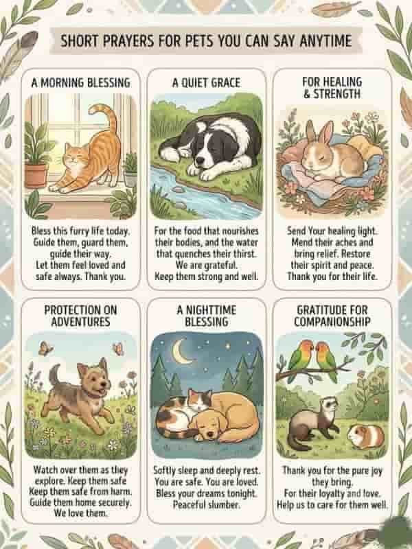 A soft, illustrative card graphic titled "Short Prayers for Pets You Can Say Anytime" featuring six individual prayer cards for pets. Each panel contains a colorful drawing of various animals—including a cat stretching by a window, a dog resting near a stream, a sleeping rabbit, a puppy running outdoors, a cat and dog curled up asleep under a night sky, and small animals like lovebirds, a ferret, and a guinea pig—accompanied by short, heart-felt blessing texts beneath each image.