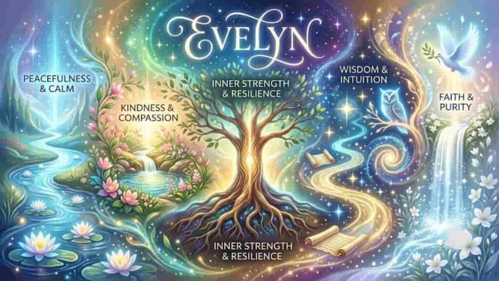Spiritual character traits associated with the name Evelyn, featuring symbolic artwork of a glowing tree, lotus pond, owl, dove, and waterfall in 16:9 ratio.
