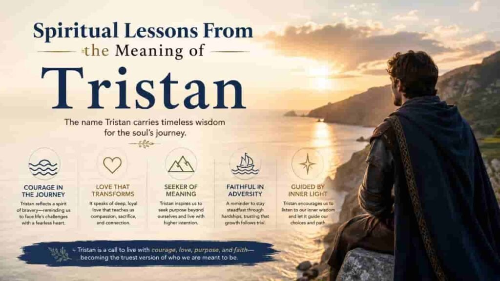 Spiritual lessons from the meaning of Tristan, featuring a peaceful seaside sunset and themes of courage, love, purpose, faith, and inner guidance.