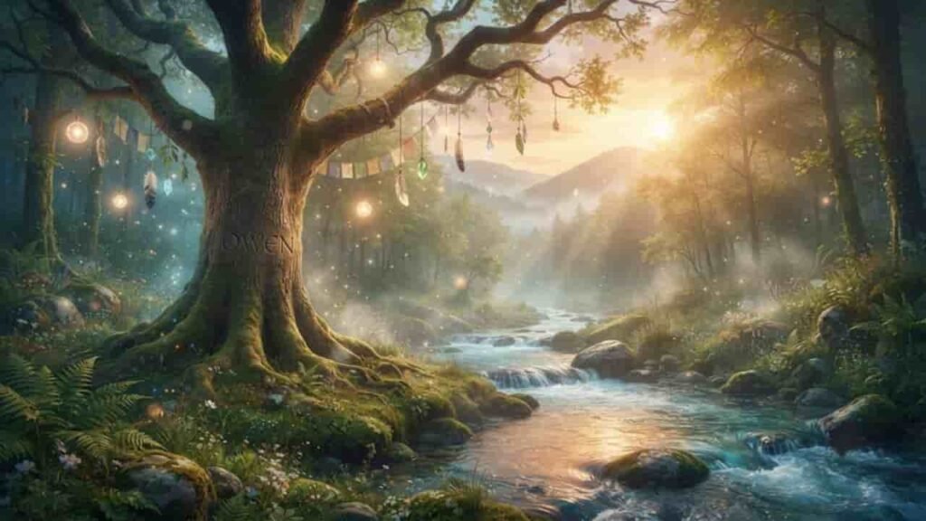 A magical forest scene at sunrise featuring a large ancient tree carved with the name 'OWEN', glowing lights, hanging crystals, and a gentle flowing stream.