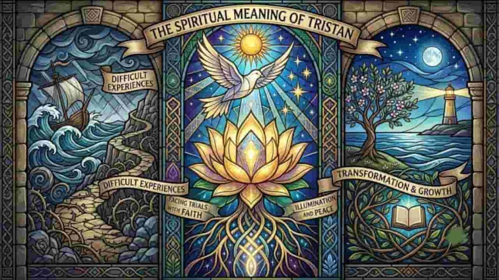 Stained glass illustration depicting the spiritual meaning of Tristan through three panels: a stormy sea and thorny path representing difficult experiences, a glowing lotus and dove symbolizing faith and illumination, and a calm tree and lighthouse representing growth and peace.
