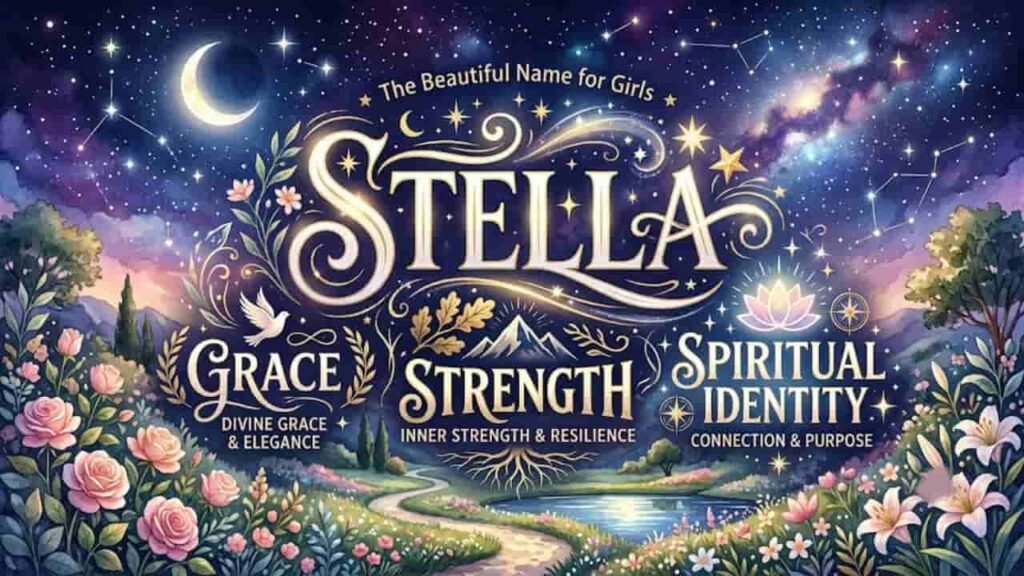 An artistic illustration featuring the name 'Stella' in ornate golden typography against a starry night sky. Below the main name, three structured sections highlight key themes: 'Grace' accompanied by soft roses and a dove, 'Strength' paired with sturdy roots and mountain silhouettes, and 'Spiritual Identity' set alongside a glowing lotus and compass rose, framed by a scenic landscape of wildflowers and water under a crescent moon.