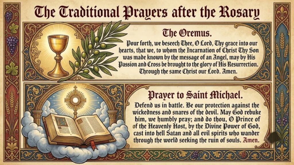 An ornate illuminated parchment graphic titled "The Traditional Prayers after the Rosary," featuring calligraphic text for "The Oremus" alongside a golden chalice and olive branch, and the "Prayer to Saint Michael" next to an open scripture book, monstrance, and clouds.