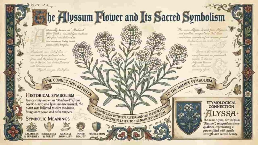 An vintage botanical illustration titled "The Alyssum Flower and Its Sacred Symbolism". The central artwork features a detailed botanical drawing of a sweet alyssum plant with small white flowers. Surrounding the center illustration are banner ribbons, decorative borders, small icons for qualities like calmness, innocence, and protection, and calligraphic text explaining the historical symbolism of the flower and its etymology connected to the name Alyssa.