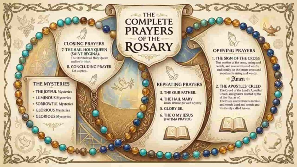 An infographic illustration titled 'The Complete Prayers of the Rosary' showing opening, repeating, and closing prayers alongside the Mysteries on vintage scroll-like cards wrapped in colorful rosary beads.