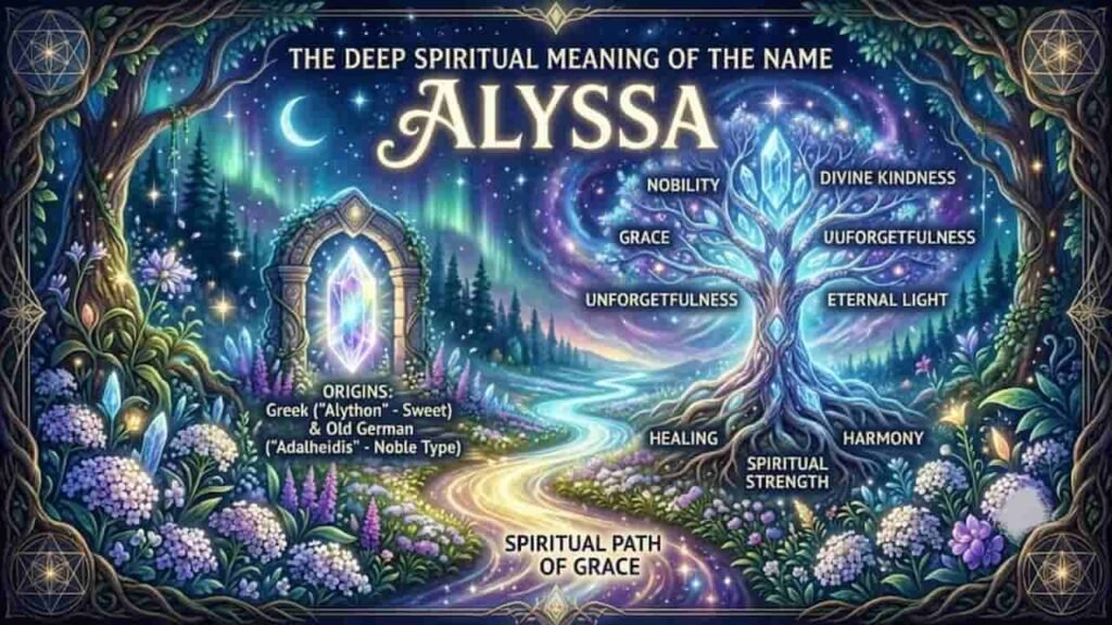 Infographic illustrating the deep spiritual meaning of the name Alyssa, featuring a luminous Tree of Life, a crystal doorway, and blooming alyssum flowers in a magical forest scene.