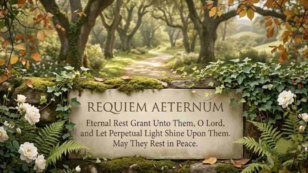 A carved stone plaque displaying the Eternal Rest Prayer ("Requiem Aeternum") set within a tranquil, sunlit garden surrounded by green ferns, ivy, white roses, and autumn trees.