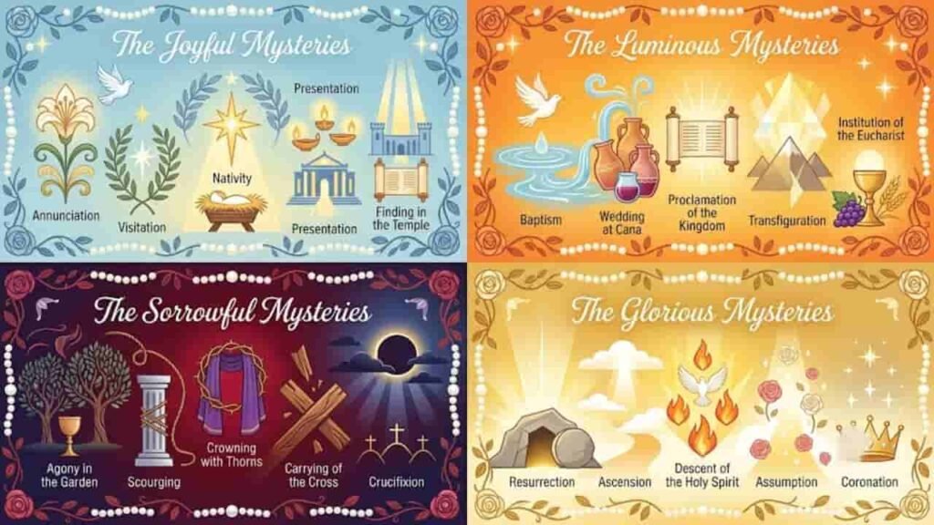 Infographic showing the Four Mysteries of the Rosary: Joyful, Luminous, Sorrowful, and Glorious Mysteries, represented through symbolic icons like lilies, light rays, crown of thorns, and dove