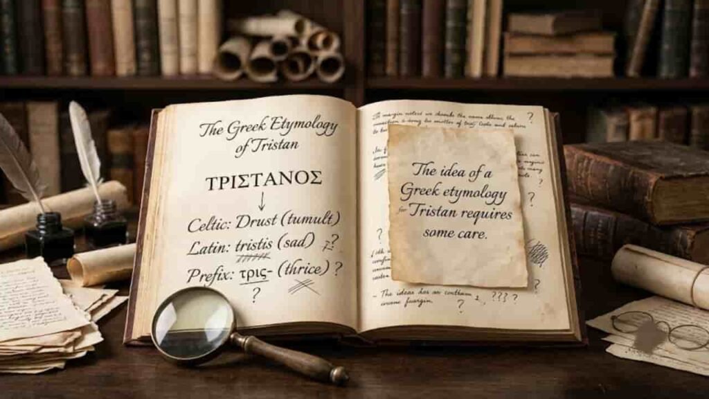 An open antique manuscript on a wooden desk with the title "The Greek Etymology of Tristan" and notes breaking down linguistic roots from Celtic, Latin, and Greek. Next to the book lies a parchment note reading "The idea of a Greek etymology for Tristan requires some care," along with a magnifying glass, inkwell, quills, and vintage scrolls.