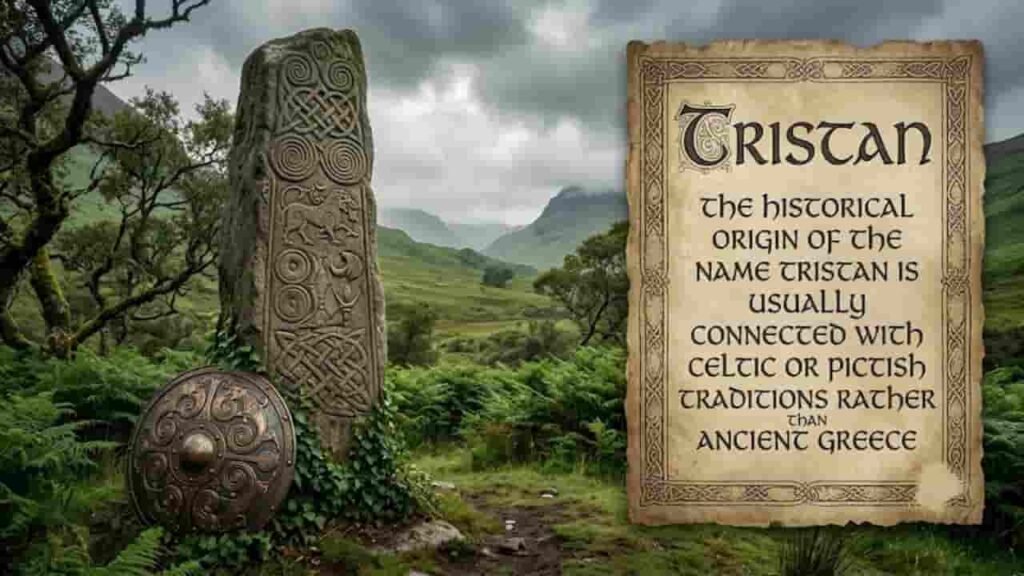 Pictish standing stone with intricate Celtic knotwork carving in a misty Scottish highland landscape alongside a bronze shield and parchment displaying text about the Celtic and Pictish origin of the name Tristan.