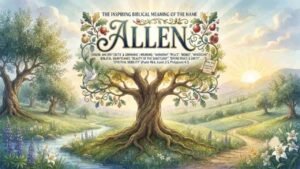A 16:9 watercolor illustration titled 'The Inspiring Biblical Meaning of the Name Allen,' featuring a majestic central tree surrounded by blooming flora, a peaceful flowing stream, a dove holding an olive branch, and soft sunrise lighting over rolling hills.