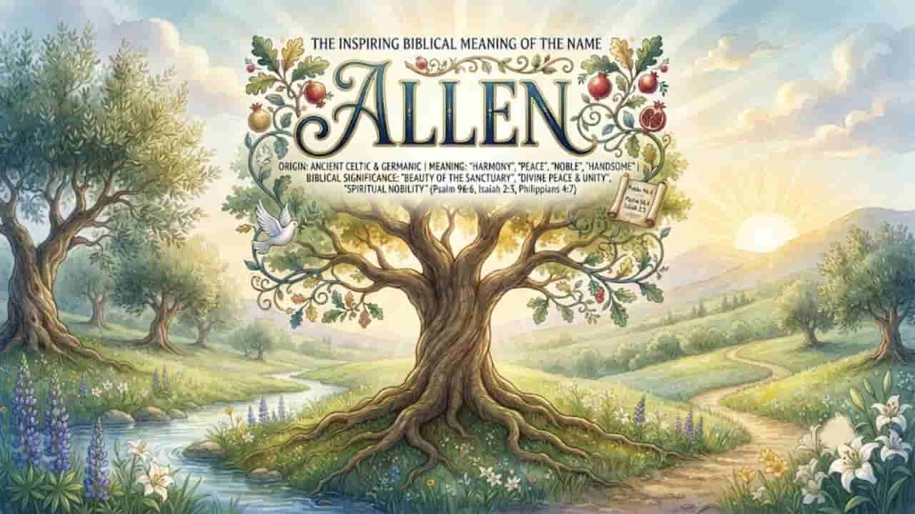 A 16:9 watercolor illustration titled 'The Inspiring Biblical Meaning of the Name Allen,' featuring a majestic central tree surrounded by blooming flora, a peaceful flowing stream, a dove holding an olive branch, and soft sunrise lighting over rolling hills.