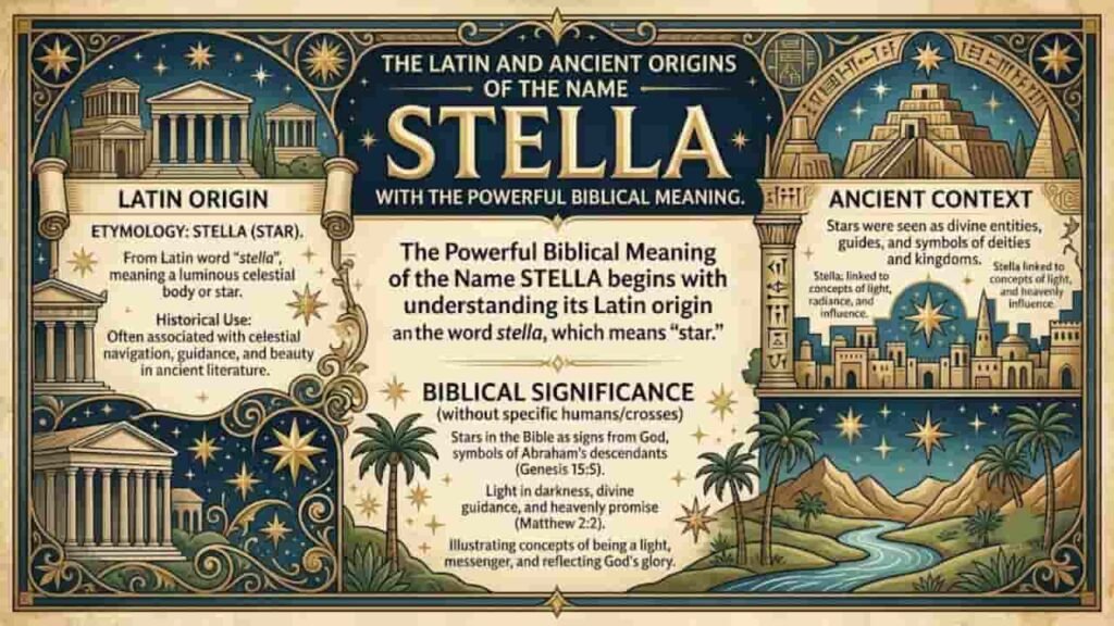 An infographic detailing the Latin, ancient, and Biblical origins of the name Stella, featuring classical Roman architecture, celestial star motifs, ancient ziggurats, and a night landscape with palm trees.