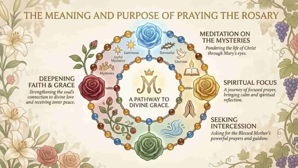An infographic illustrating the meaning and purpose of praying the Rosary, featuring a central Marian monogram encircled by prayer beads, colorful roses, and symbols of the four Mysteries, framed by white lilies and grapevine illustrations on a cream background.
