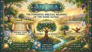 Infographic detailing the biblical and spiritual meaning of the name Alyssa, featuring a vibrant landscape with a central flourishing tree, an open scroll on the left, an oil lamp and dove on the right, and flowing water surrounded by flowers. Text highlights themes like "Noble & Joyful," "Promise of God," and "Unfailing Truthful Resilience".