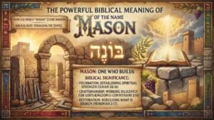 n illustrated 16:9 graphic titled "The Powerful Biblical Meaning of the Name Mason," featuring ancient stone architecture, stonemason tools like mallets and chisels, Hebrew text, an open Bible, an olive branch, and a scroll detailing the biblical significance of foundation, craftsmanship, and restoration.