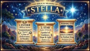 Graphic image explaining the biblical meaning of the name Stella, highlighting associations with Esther, divine guidance, and Jesus as the Bright Morning Star set against a starry night landscape "The Powerful Biblical Meaning of the Name STELLA".