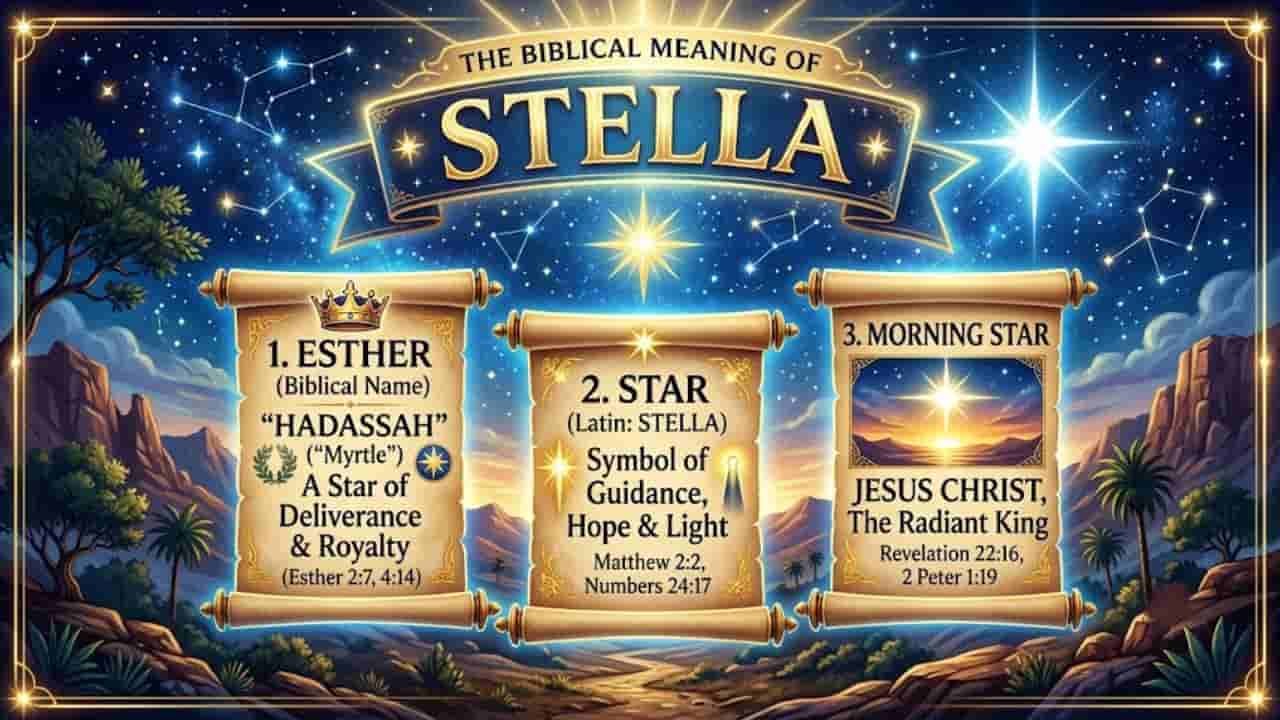 Graphic image explaining the biblical meaning of the name Stella, highlighting associations with Esther, divine guidance, and Jesus as the Bright Morning Star set against a starry night landscape "The Powerful Biblical Meaning of the Name STELLA".