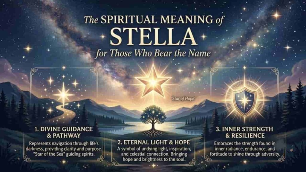 Infographic about the spiritual meaning of the name Stella featuring a cosmic sky, celestial star symbols, and three key principles of guidance, hope, and inner strength.