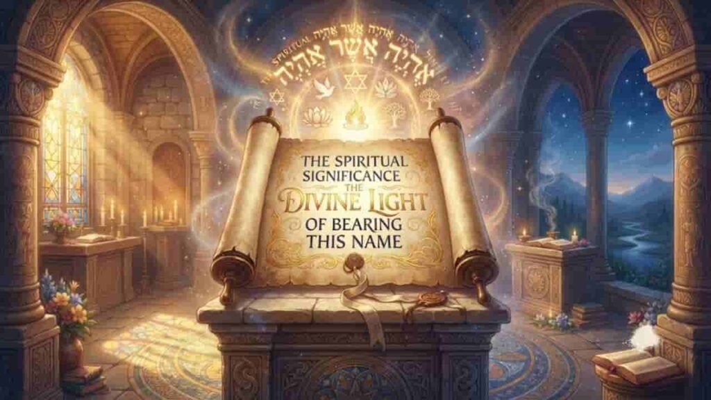 An open ancient scroll inscribed with "THE SPIRITUAL SIGNIFICANCE THE DIVINE LIGHT OF BEARING THIS NAME" rests on a stone altar inside a sunlit temple, surrounded by glowing Hebrew text, sacred symbols, pillars, and a tranquil landscape view through an archway.